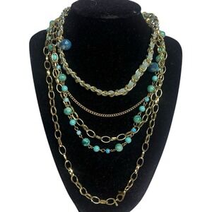 Long Statement Layered Necklace Turquoise & Gold